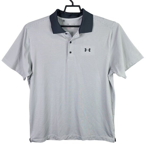 Mens Under Armour Gray & White Striped Loose Fit Polo Shirt Short Sleeve Size XL - Picture 1 of 8